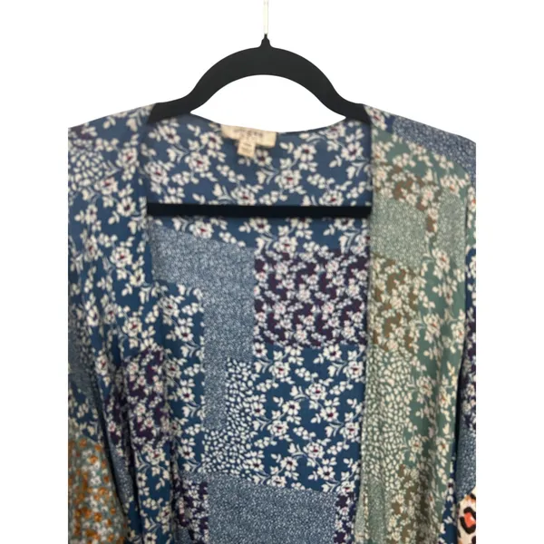 Umgee Women Blue Patchwork Print Floral Leopard Open Front Kimono Wrap Boho S/M - Image 9