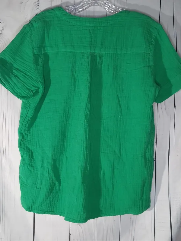 J. Crew Bright Green V-Neck Gauze Popover Short Sleeve Preppy Casual Top - Image 6