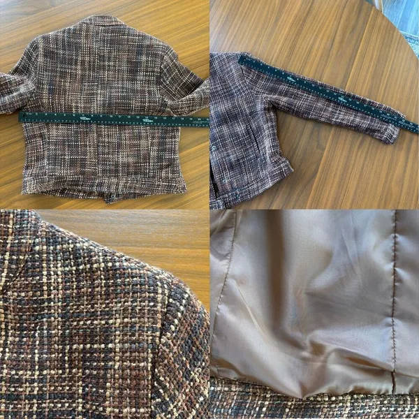 90s Vintage Carole Little Silk Tweed Mock Neck Crop Jacket Brown Petite Small - Image 6