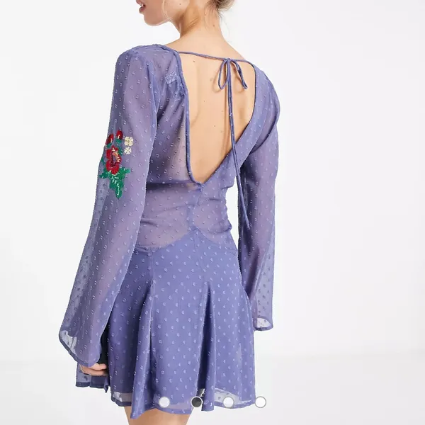 ASOS‎ DESIGN textured embroidered godet skater mini dress with lace trims Size O - Image 4