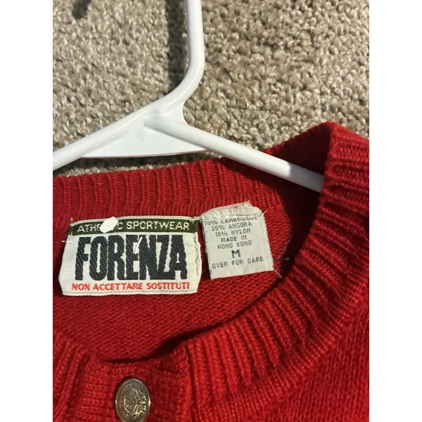 vintage Forenza red knit cardigan crew neck gold-tone buttons Lambswool Stain M - Image 9