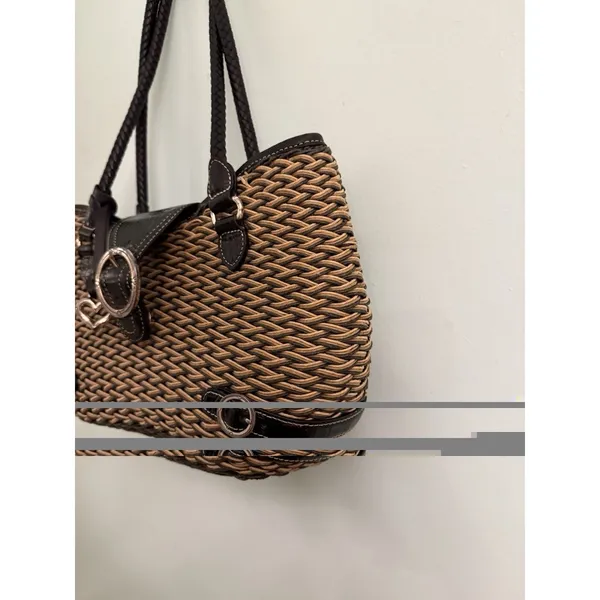 Brighton Woven‎ W/Black Leather Trim Purse Braided Handles Heart Charm - Image 4