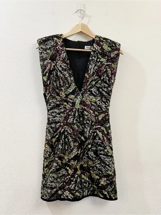 Zara‎ Women's Sleeveless Sequined V Neck Shoulder Pad Mini Dress Size Small - Image 5