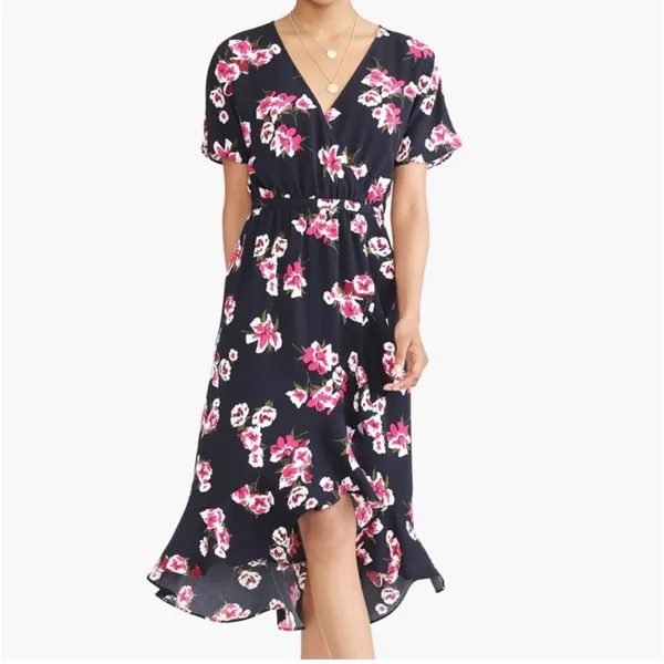 J.Crew Floral Wrap Dress Blue Pink V Neck Short Sleeve Medium - Image 2