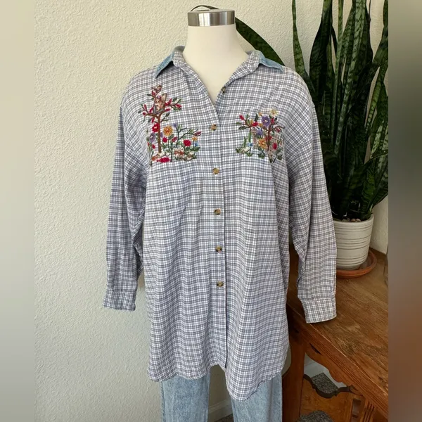 Vintage Embroidered beaded‎ Plaid Shirt 18W – Squirrel Garden Scene Cotton Top - Image 7