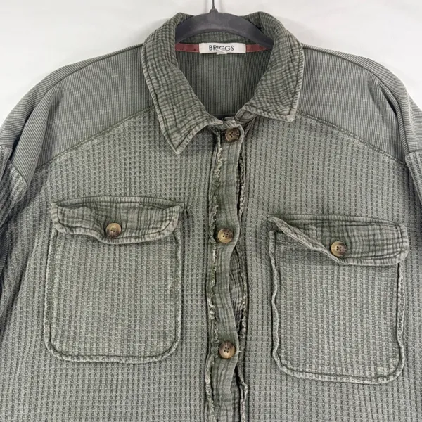 Briggs Womens XL Sage Green Waffle Knit Shacket Mixed Media Button Down Shirt - Image 3