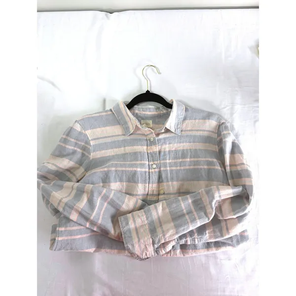 J Crew The Perfect Shirt‎ Linen Cotton Striped Button Down Pink Blue Medium - Image 9