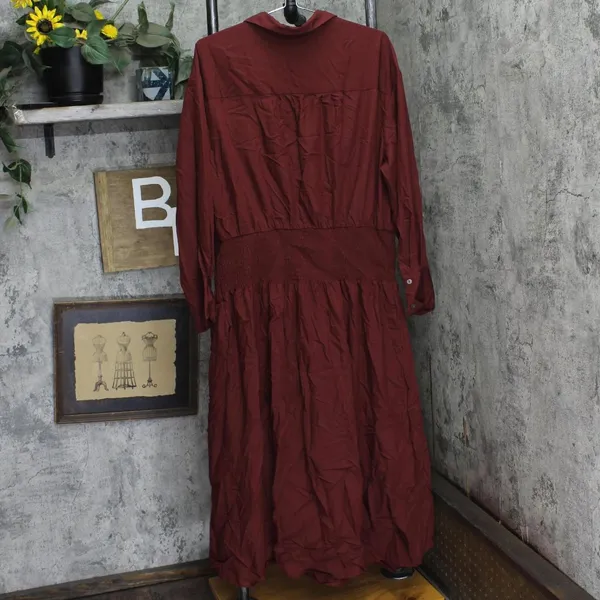 NWT Future Collective Long Sleeve Smocked Midi Shirtdress Burgundy Red XXL - Image 5