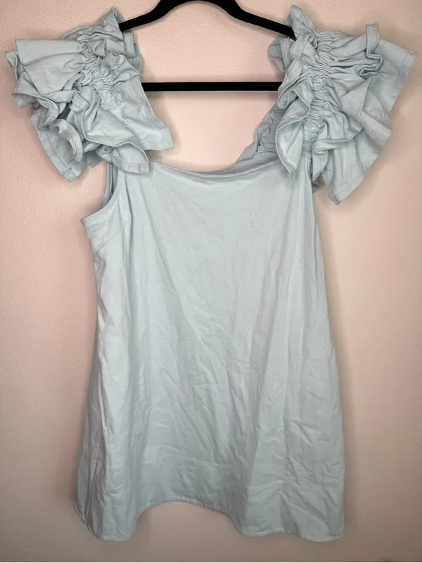 Free People Free-Est Josie Mini Dress Light Blue Flutter Ruffle Sleeve Sz M - Image 8