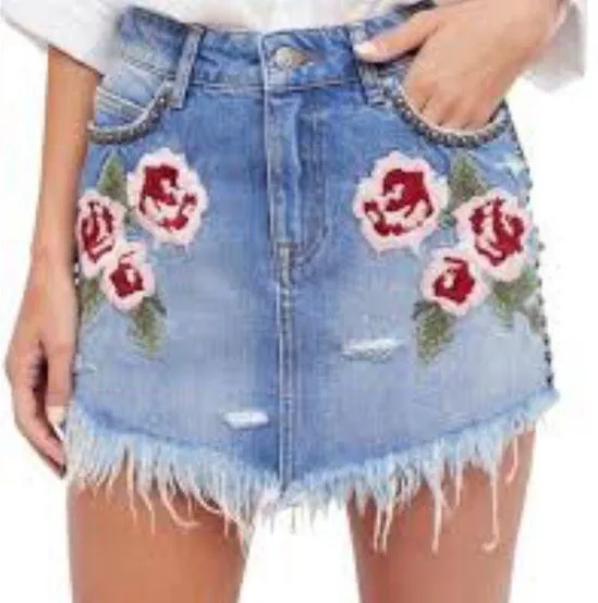 Free People Floral Embroidered Denim Mini Skirt - Image 8