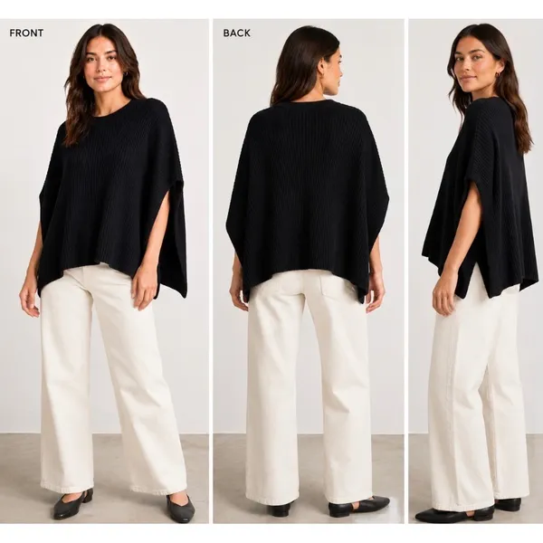 Everlane Womens LOrganic Cotton Poncho Sweater Black Side Slit Crew Neck Ribbed - Image 2