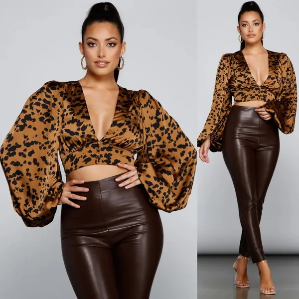 Windsor Chic Look Leopard Print Satin Puff Sleeve Crop Top Medium New NWT - Image 3