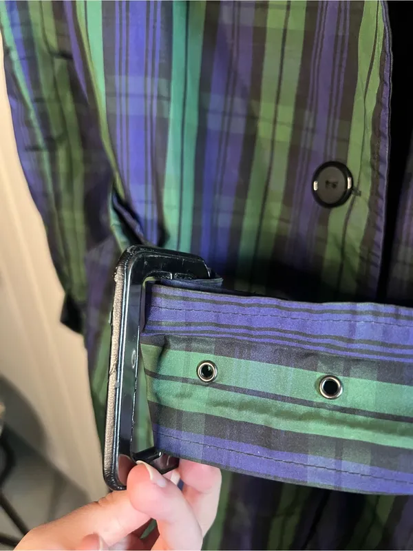 Vintage Jeffrey Banks Plaid Trench Coat Longline Belted Green Purple Size M - Image 4