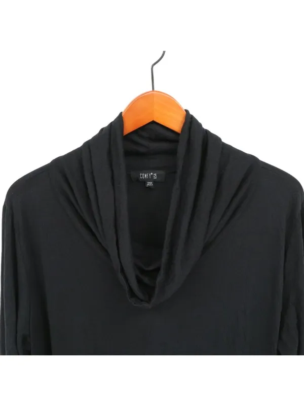 Comfy USA Black Crinkle Cowl Neck Lightweight Long Sleeve Hi/Low Tunic Top L - Image 2