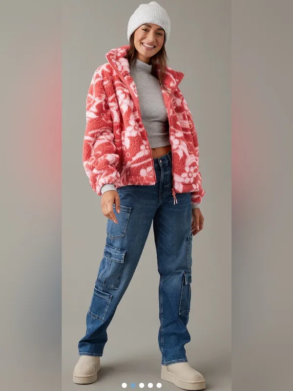 American Eagle Red/White Bear Hug Cozy Sherpa Zip Jacket‎ Sz Med Boho-Chic Fairy - Image 2
