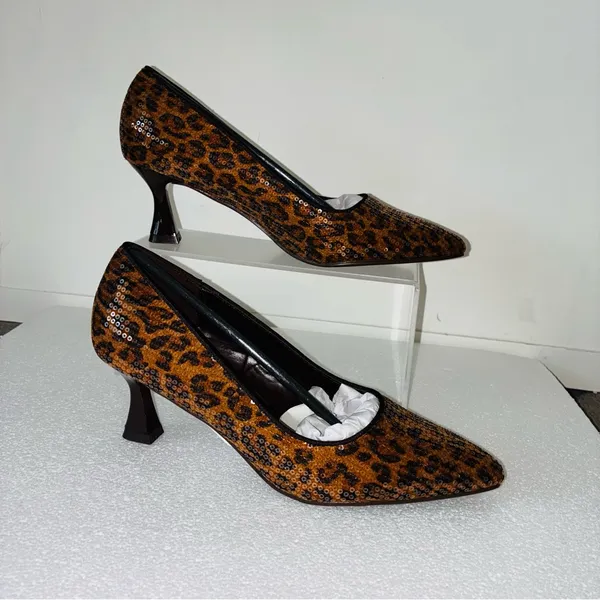 Brown Leopard Print Sequins Heels with Sculptural Curved Heel - Image 3