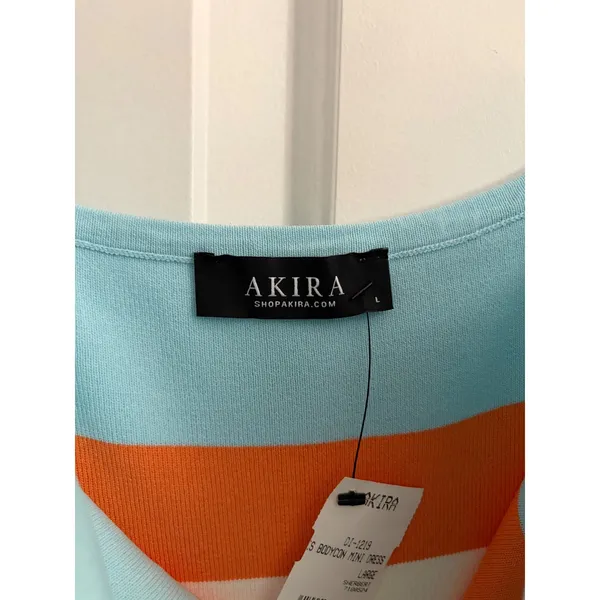 AKIRA Striped Bodycon Mini‎ Dress Light Blue Orange Pink White Women's Large - Image 4