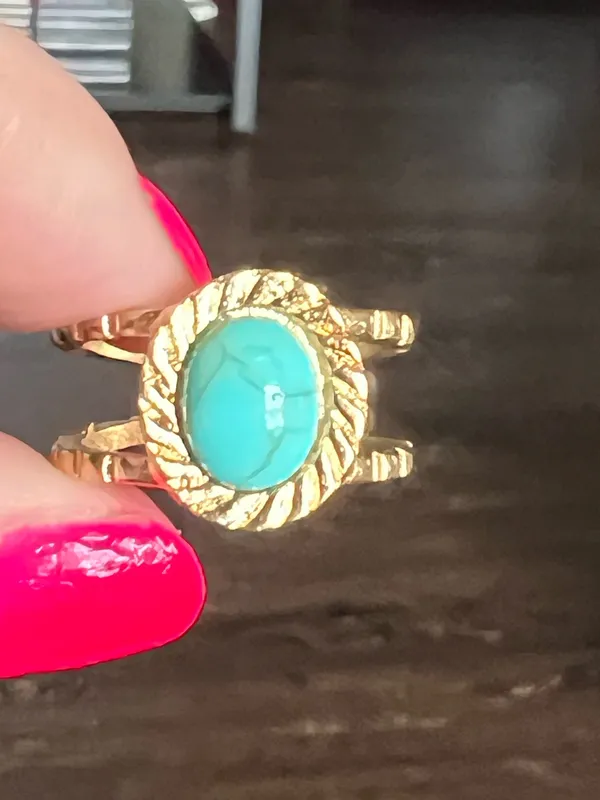 &merci Women’s Stainless Steel Gold Tone Faux Turquoise Adjustable Ring Size 6-9 - Image 3