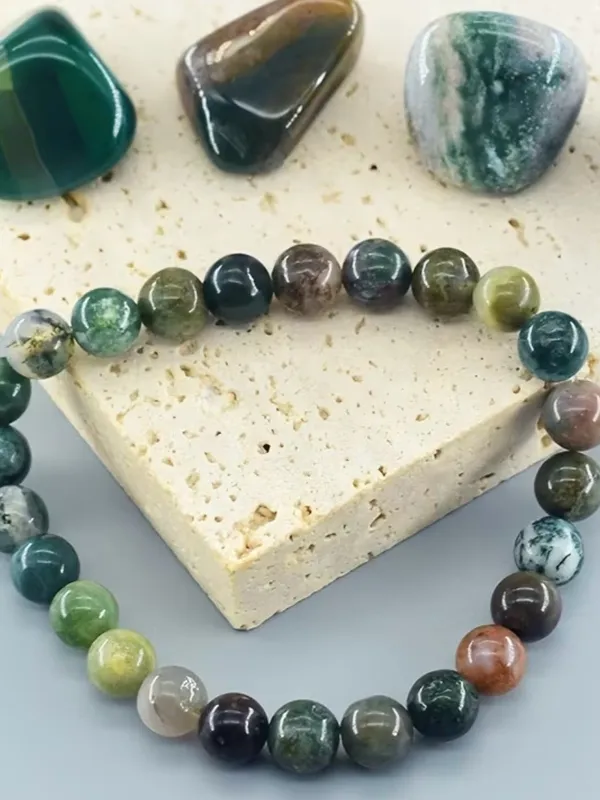 Polished Green Moss Agate Bead Bracelet and Tumbled Stone Set - Image 2