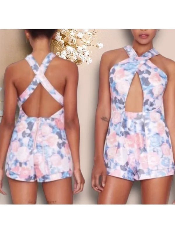 NASTY Gal floral shiny jacquard cut out halter romper shorts Sz S - Image 2