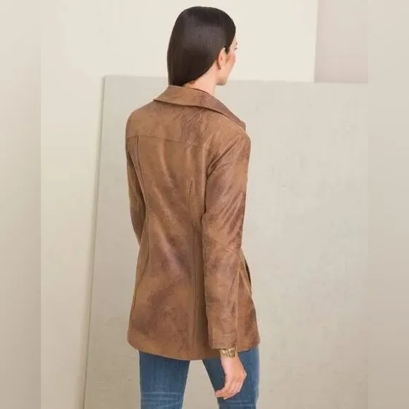 Chicos Brown Zippered Pocketed Faux Leather Suede Lined Motorcycle Jacket 4 6 - Image 9