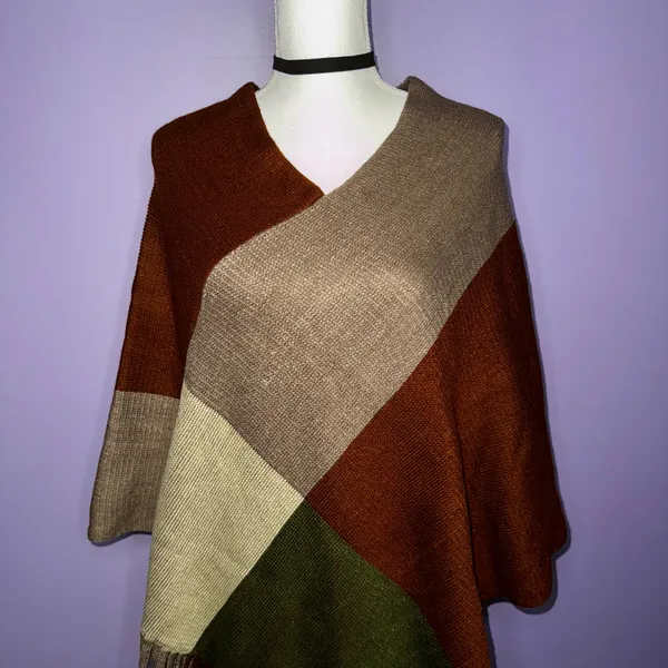 NEW Boutique Color Block Poncho with Fringe - Image 3
