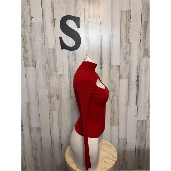 H&M Divided Candy Red Ribbed Knit Mock Neck Cutout Chest Long Sleeve Top Small - Image 6