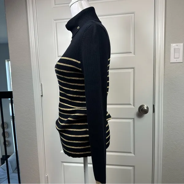 Lauren Ralph Lauren Y2K Gold Metallic Striped Classic Long Sleeve Sweater Large - Image 4