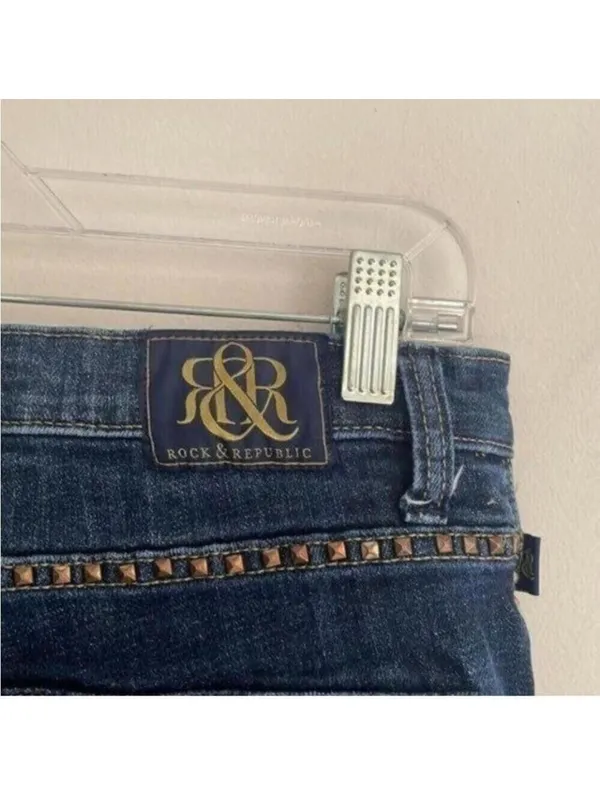 Rock & Republic Dark Wash Straight Leg Denim Jeans Studded Embroidered - Image 7