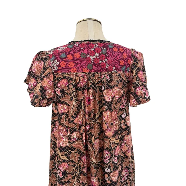 Anthropologie Floral Printed Tunic Dress Mixed Print V Neck Black Brown Size XXS - Image 7