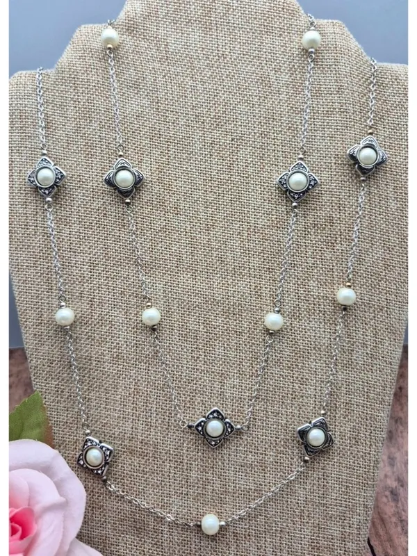 The Brighton Courtesan Necklace Long Vintage Style Glass Pearl Crystal Stations - Image 3