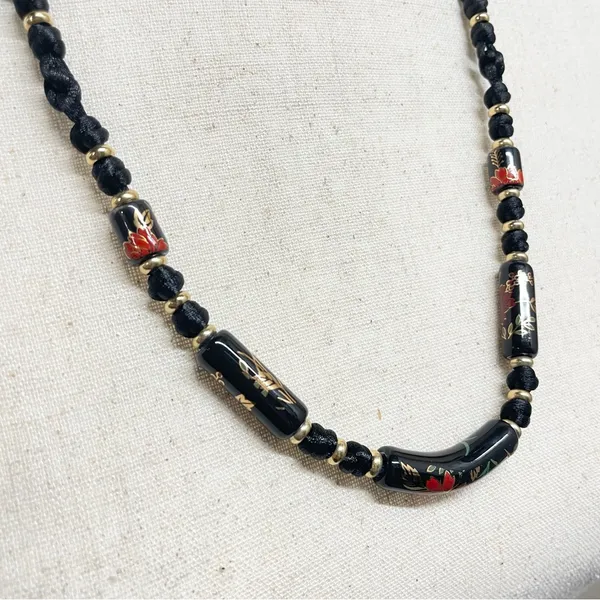 Vintage Black Floral‎ Ceramic Bead Cord Necklace Witchy Goth Romantic - Image 2