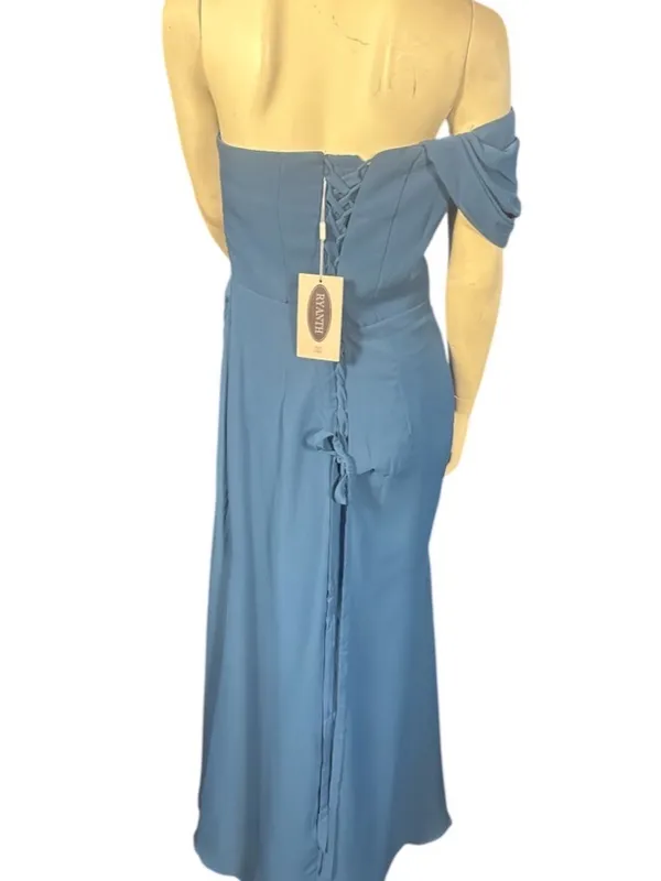 Ryanth Asymmetrical Off Shoulder Ruched Bodice Chiffon Evening Gown Blue 12 NWT - Image 4