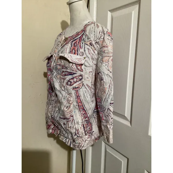 Chicos 100% Linen Paisley Zip Front Jacket Pink Purple Orange Size 2 L Large - Image 3