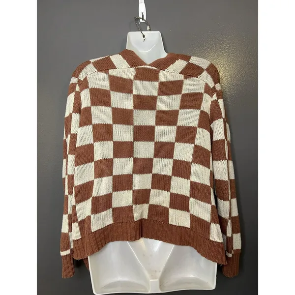 American Eagle Cardigan Sweater Womens XS Brown Checkered V Neck Button Front - Image 6