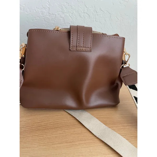 Brown Faux Leather Bag Black Cream Chevron Strap - Image 7