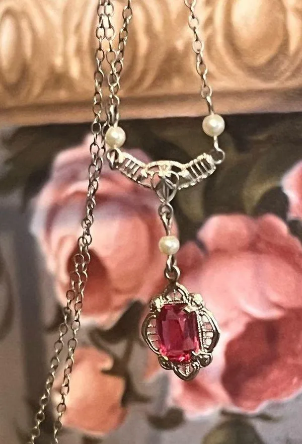 10K Gold 13” Red Stone/Pearl Drop Necklace - Image 14