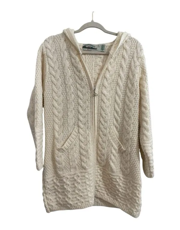 Aran Crafts 100% Merino Wool Chunky Cable Knit Hooded Sweater Zip Up Jac… - Image 2