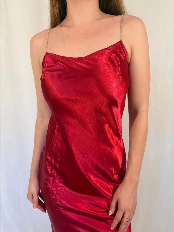 Red Satiny Rhinestone Strap Midi Dress - Image 4