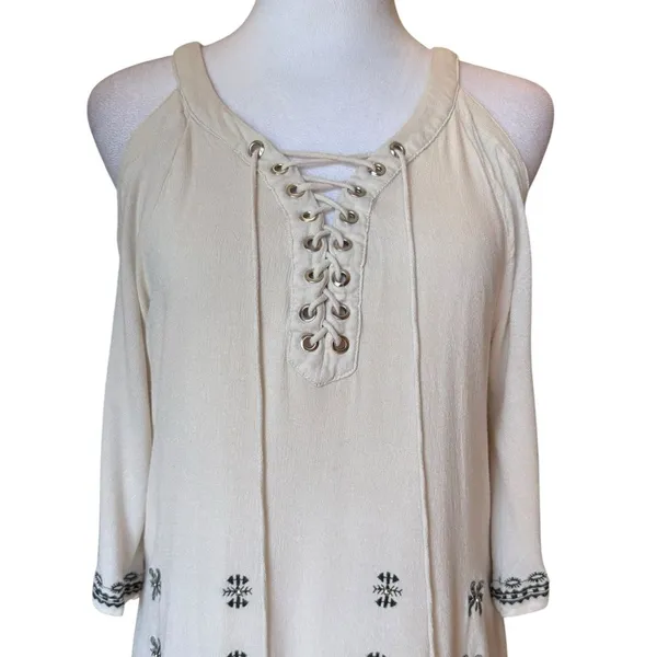 Lulus To the Sea Light Beige Embroidered Cold Shoulder Dress Womens Size Medium - Image 7