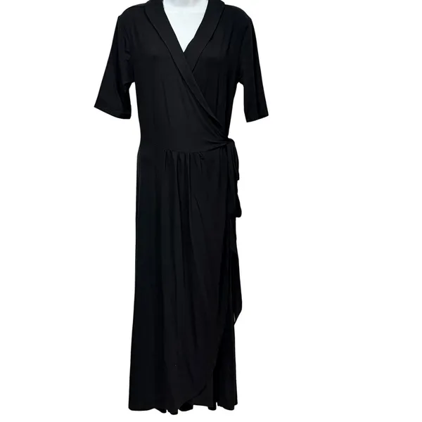 Quince Tencel Jersey Midi Wrap Dress Black Shawl Collar Short Sleeve L DKBIZ01 - Image 3