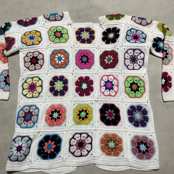 Granny Square Handmade Crochet Cardigan Woolen Knit Colorful Homemade SZ Medium - Image 7