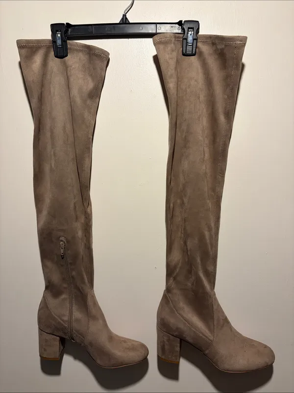 INC Rikkie Over The Knee Boots Soft Fabric Taupe Block Heel Never Worn Size 9 - Image 3