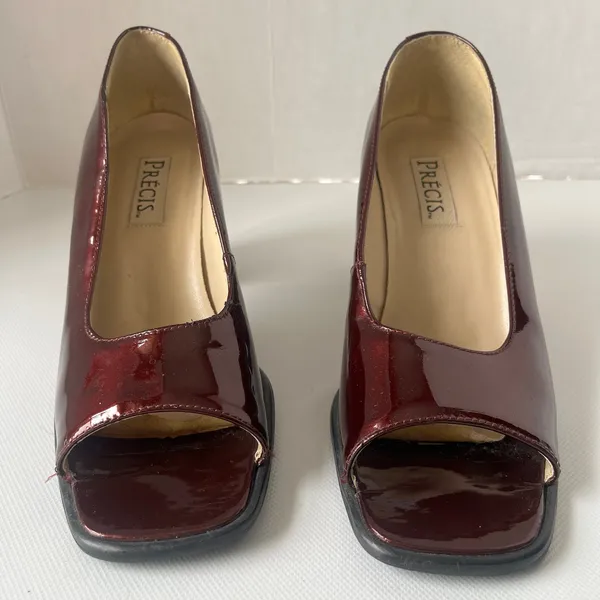 Vtg Precis 90s Patent Peep Toe Womens Shoes Sz 7.5 Chunky Heel Retro Y2K Square - Image 3