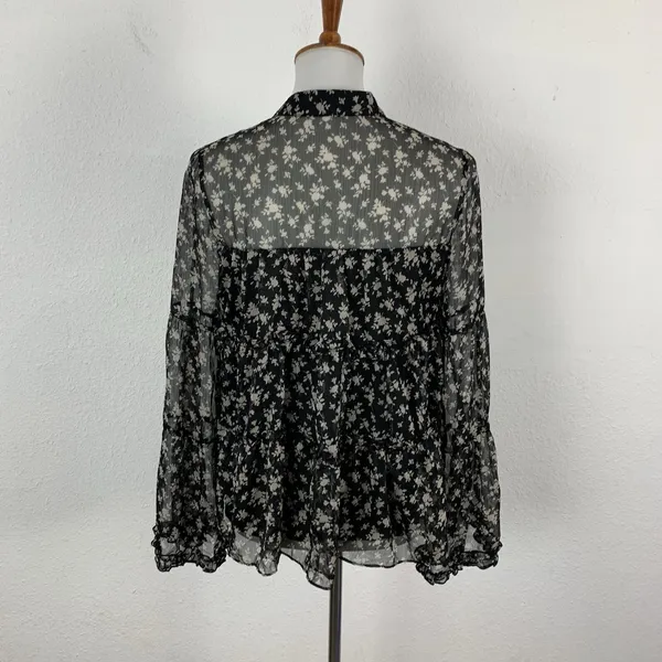 English Factory Blouse Small Black Gray Sheer Boho Long Sleeve Vintage - Image 6