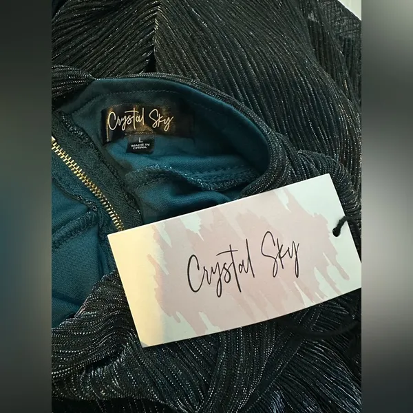 NWT Crystal Sky Deep V-neck Pleated Sparkle Iridescent Women’s Cocktail Dress LG - Image 10