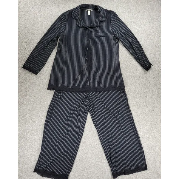 Soma Cool Collection Night Pajama Set S/M Black Stripes Lace Trim Crop Button Up - Image 5