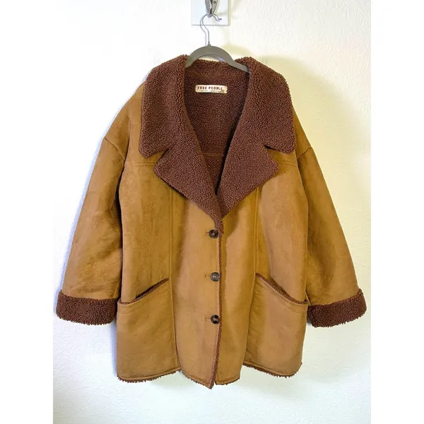 Free People Western Bohemian Retro 70s Faux Sherpa Suede Diogo Coat Size XL - Image 8