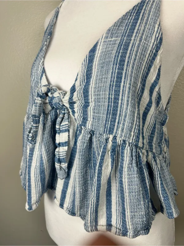 Free People Striped Blue Tie-Front Peplum Cami Top Size Small - Image 3