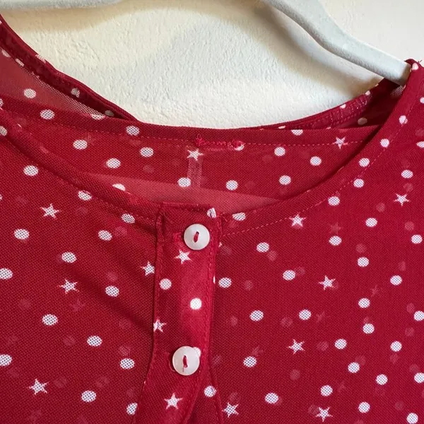 Free People Twosie for One Cardigan Med Red White Polka Dot Stars Semi Sheer - Image 4
